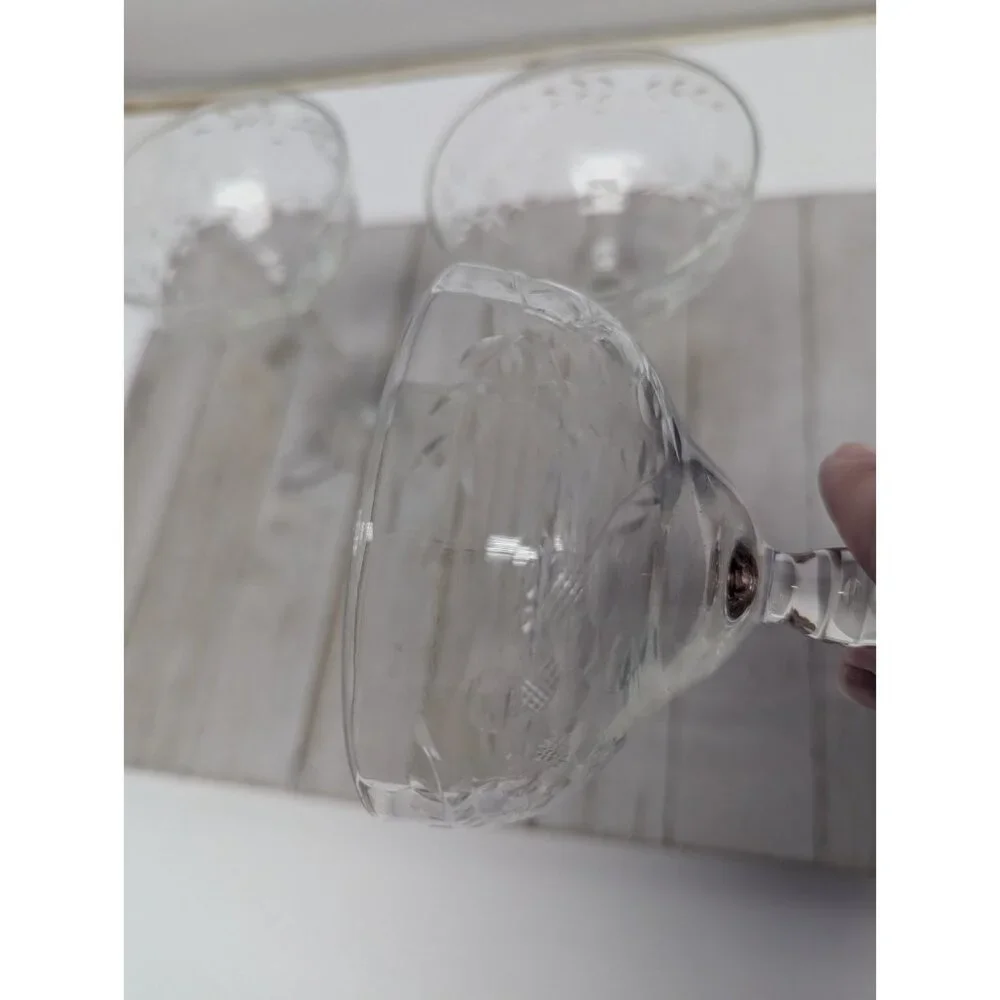 Set Of 3 Vintage Flower Etched Crystal Sherbet Champagne Glasses 5 7/8” Clear - Picture 3 of 6